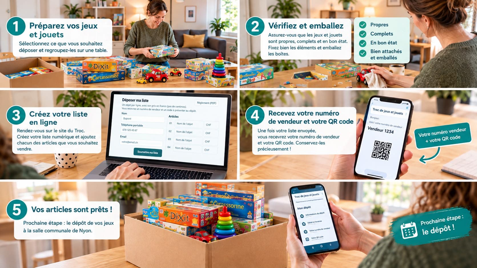Les 5 étapes pour déposer votre liste : préparez vos jeux et jouets, vérifiez et emballez, créez votre liste en ligne, recevez votre numéro de vendeur et votre QR code, vos articles sont prêts.