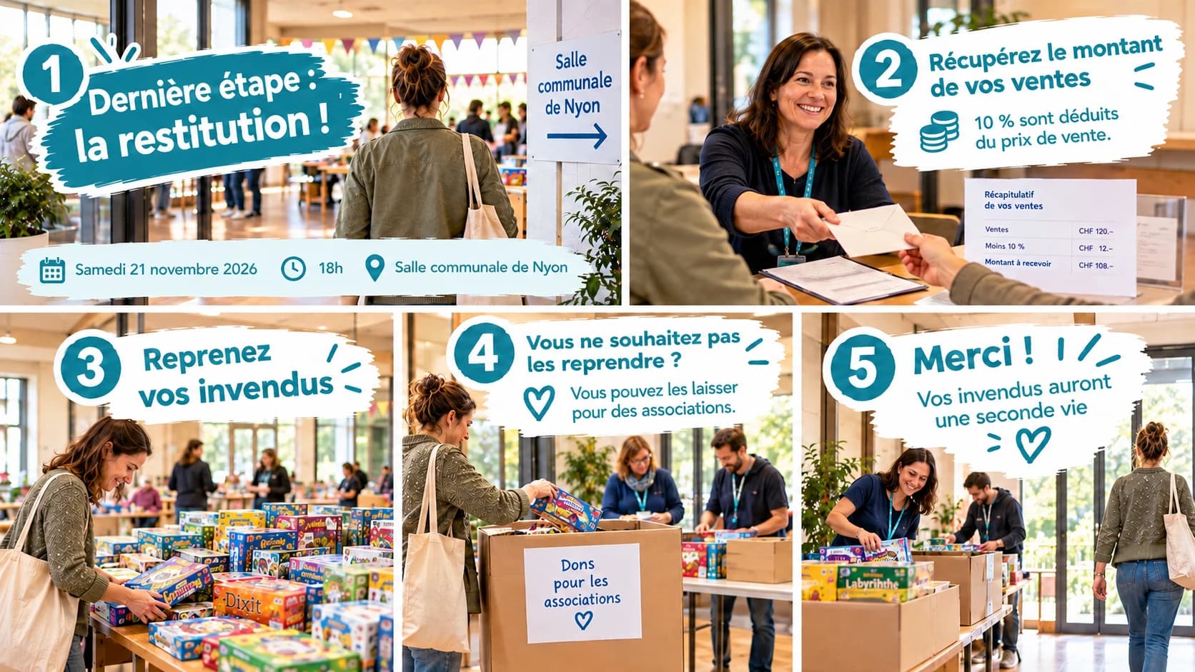 Dernière étape, la restitution : samedi 21 novembre 2026 à 18h, salle communale de Nyon. Récupérez le montant de vos ventes (10% sont déduits du prix de vente), reprenez vos invendus ou laissez-les pour des associations.